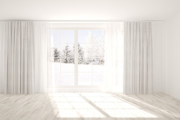 White stylish empty room with winter landscape in window. Scandinavian interior design. 3D illustration