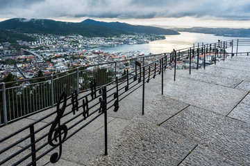 Musical Notes Fence at Mount Floyen with a spectacular panoramic view of Bergen, Norway