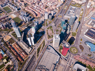 Aerial view of Gran Via, Plaza de Europa, convention center of Fira de Barcelona - obrazy, fototapety, plakaty