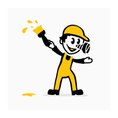 Vector illustration of painter with paintbrush. Cartoon cheerful worker in uniform. Happy character in yellow overalls. Face workman with screw nose