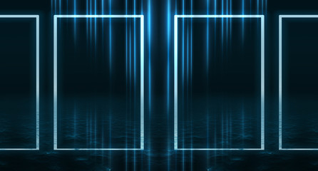 Background of empty street, room. Background of empty scene at night. Concrete coating. Reflection on wet pavement of neon lights. Neon blue lines. Dark abstract background.