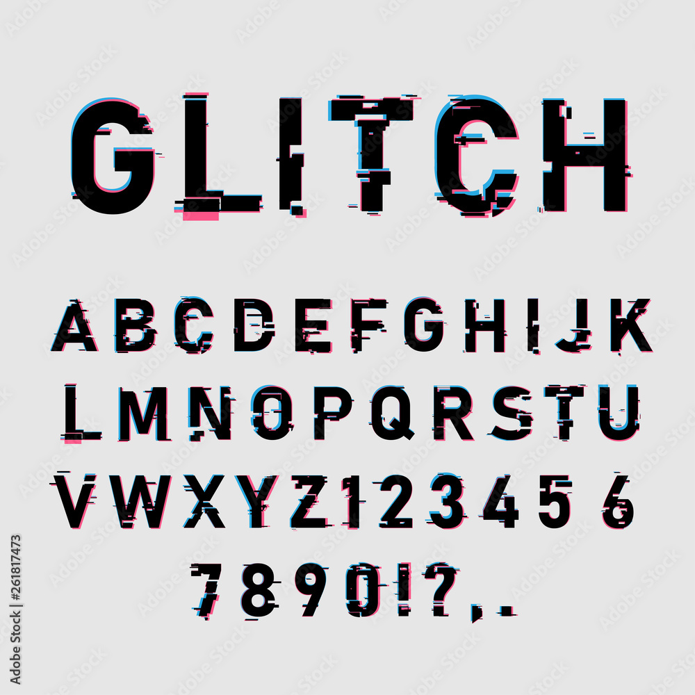 Fototapete glitch font set. letters and numbers with temporary malfunction. alphabet on a white background. vec