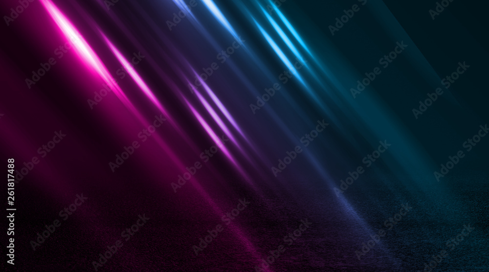 Poster empty background scene. dark street, a reflection of blue and pink neon light on wet pavement. rays 