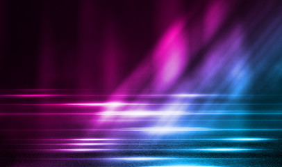 Empty background scene. Dark street, a reflection of blue and pink neon light on wet pavement. Rays...