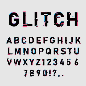 Glitch font set. Letters and numbers with temporary malfunction. Alphabet on a white background. Vector illustration.