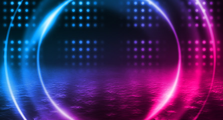 Empty background scene. Dark street, a reflection of blue and pink neon light on wet pavement. Rays of light in the dark, smoke. Night view of the street, the city. Abstract dark background.