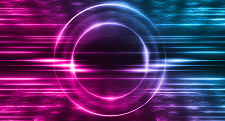 Empty background scene. Dark street, a reflection of blue and pink neon light on wet pavement. Rays of light in the dark, smoke. Night view of the street, the city. Abstract dark background.