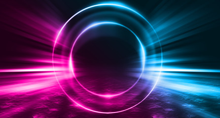 Empty background scene. Dark street, a reflection of blue and pink neon light on wet pavement. Rays of light in the dark, smoke. Night view of the street, the city. Abstract dark background.
