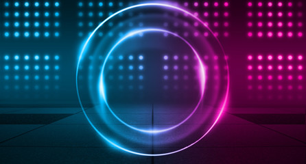 Empty background scene. Dark street, a reflection of blue and pink neon light on wet pavement. Rays of light in the dark, smoke. Night view of the street, the city. Abstract dark background.