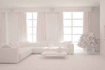 Stylish minimalist room with sofa in white color. Scandinavian interior design. 3D illustration