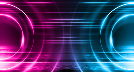 Empty background scene. Dark street, a reflection of blue and pink neon light on wet pavement. Rays of light in the dark, smoke. Night view of the street, the city. Abstract dark background.