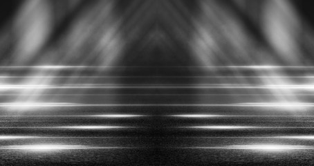 Background of empty street, room. Background of empty scene at night. Concrete coating. Reflection on wet pavement of neon lights. Neon blue lines. Dark abstract background.