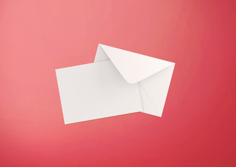 White postcard and envelope on background, top view. Blank envelope mockup and letterhead presentation template. Postcard flyer for your design.