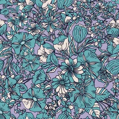 Badezimmer Foto Rückwand Floral seamless pattern. Vector illustration of abstract leaves, flowers, petunias and daisies in green, lilac and cream. Designed for fashion, fabric, home decor. © oyuna