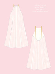 EDITABLE VECTOR DRESS MOCKUP. TEMPLATE FOR SHOWCASING FABRIC PATTERN DESIGN. TECHNICAL ILLUSTRATION OF DEEP V NECK BACKLESS MAXI DRESS WITH STRIPES PATTERN IN SHADES OF YELLOW, PINK, LILAC AND WHITE.