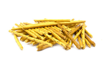 Salty snacks on white background