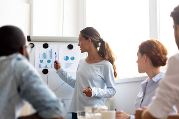 Professional woman presenter give business presentation at office conference meeting