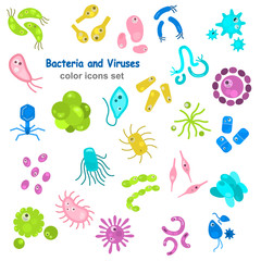 Different virus and microbes color flat icons set