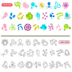 Different virus and microbes color flat and line icons set