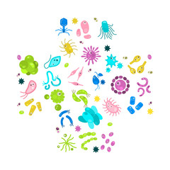 Fototapeta na wymiar Different virus and microbes color flat icons set