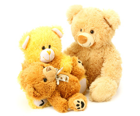 three toy teddy bears isolated on white background