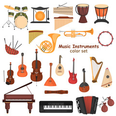 Obraz premium Different music instruments color vector icons set