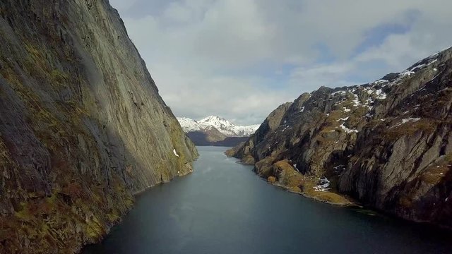 Aerial view of Trolfjord, yachts yachts enter the fjord on the Lofoten islands background, yachts near the cliff, Aerial view of Yachts in the Norwegian fjord, Drone flight in a norwegian fjord over a