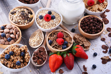 Bowls with different sorts of breakfast cereal products