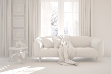 Stylish room with sofa in white color. Scandinavian interior design. 3D illustration