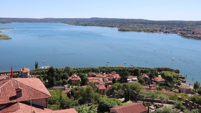 View from Castle Rocca d'Angera to Angera and Arona at Lake Maggiore, Italy