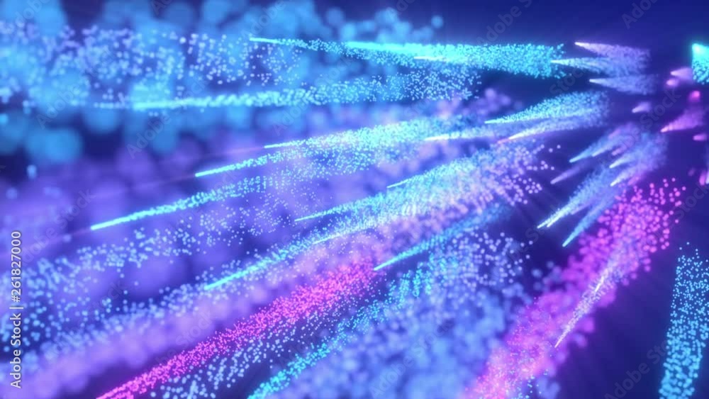 Poster neon particles of pink blue light in a chaotic motion. seamless loop 4k abstract motion background. 