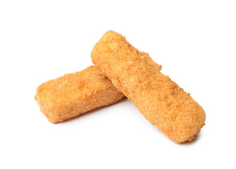 Tasty crispy cheese sticks on white background