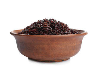 Bowl of cooked brown rice isolated on white