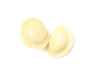 Boiled dumplings on white background, top view