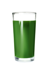 Glass of spirulina drink on white background
