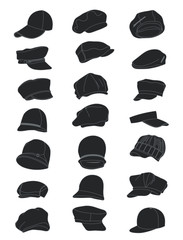 Set of caps silhouettes,models for any season, warm and thin, different types, isolated on white background.