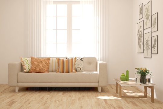 Stylish room in white color with sofa. Scandinavian interior design. 3D illustration