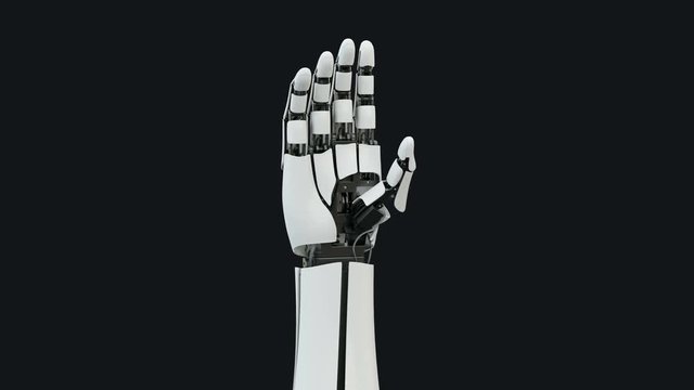 The camera moves slowly around the arm of the robot, the hand opens the fingers.Has alpha matte.Close up