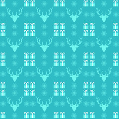 Vector seamless Christmas pattern with deer, snowflake and present on turquoise background.