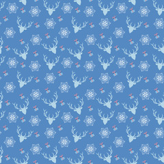 Vector seamless Christmas pattern with deer, snowflake and present on blue background.
