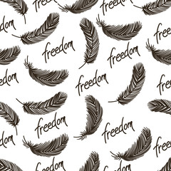 Seamless pattern of feathers on white background.
