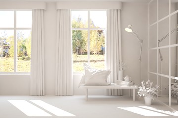 Stylish empty room in white color with autumn landscape in window. Scandinavian interior design. 3D illustration