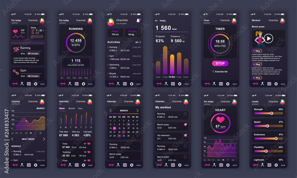 Poster Set of UI, UX, GUI screens Fitness app flat design template for mobile apps, responsive website wireframes. Web design UI kit. Fitness Dashboard.