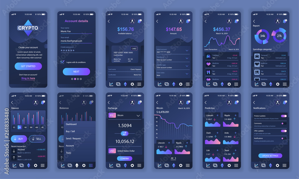 Poster Set of UI, UX, GUI screens Cryptocurrency app flat design template for mobile apps, responsive website wireframes. Web design UI kit. Cryptocurrency Dashboard.