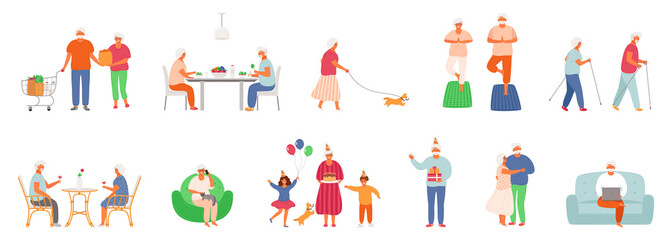 Set of active lifestyle seniors. Elderly people characters. Old people eat healthy food, do yoga, walk their pet, visit a cafe, use a laptop, talk on the phone, celebrate a birthday with family.
