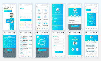 Set of UI, UX, GUI screens Medicine app flat design template for mobile apps, responsive website wireframes. Web design UI kit. Medicine Dashboard. - obrazy, fototapety, plakaty
