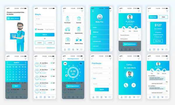 Set of UI, UX, GUI screens Medicine app flat design template for mobile apps, responsive website wireframes. Web design UI kit. Medicine Dashboard.
