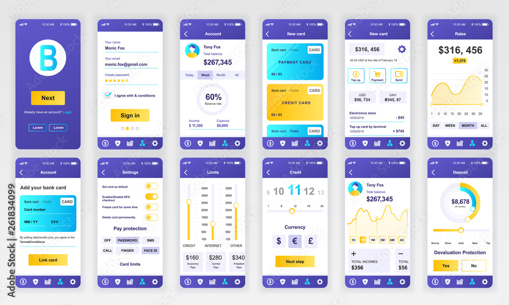 Poster set of ui, ux, gui screens banking app flat design template for mobile apps, responsive website wire