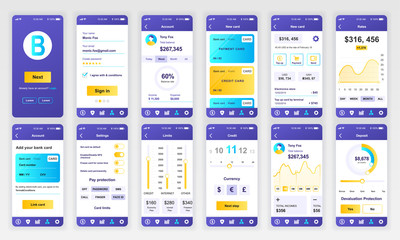 Set of UI, UX, GUI screens Banking app flat design template for mobile apps, responsive website wireframes. Web design UI kit. Banking Dashboard.