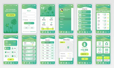 Set of UI, UX, GUI screens Ecology app flat design template for mobile apps, responsive website wireframes. Web design UI kit. Ecology Dashboard. - obrazy, fototapety, plakaty